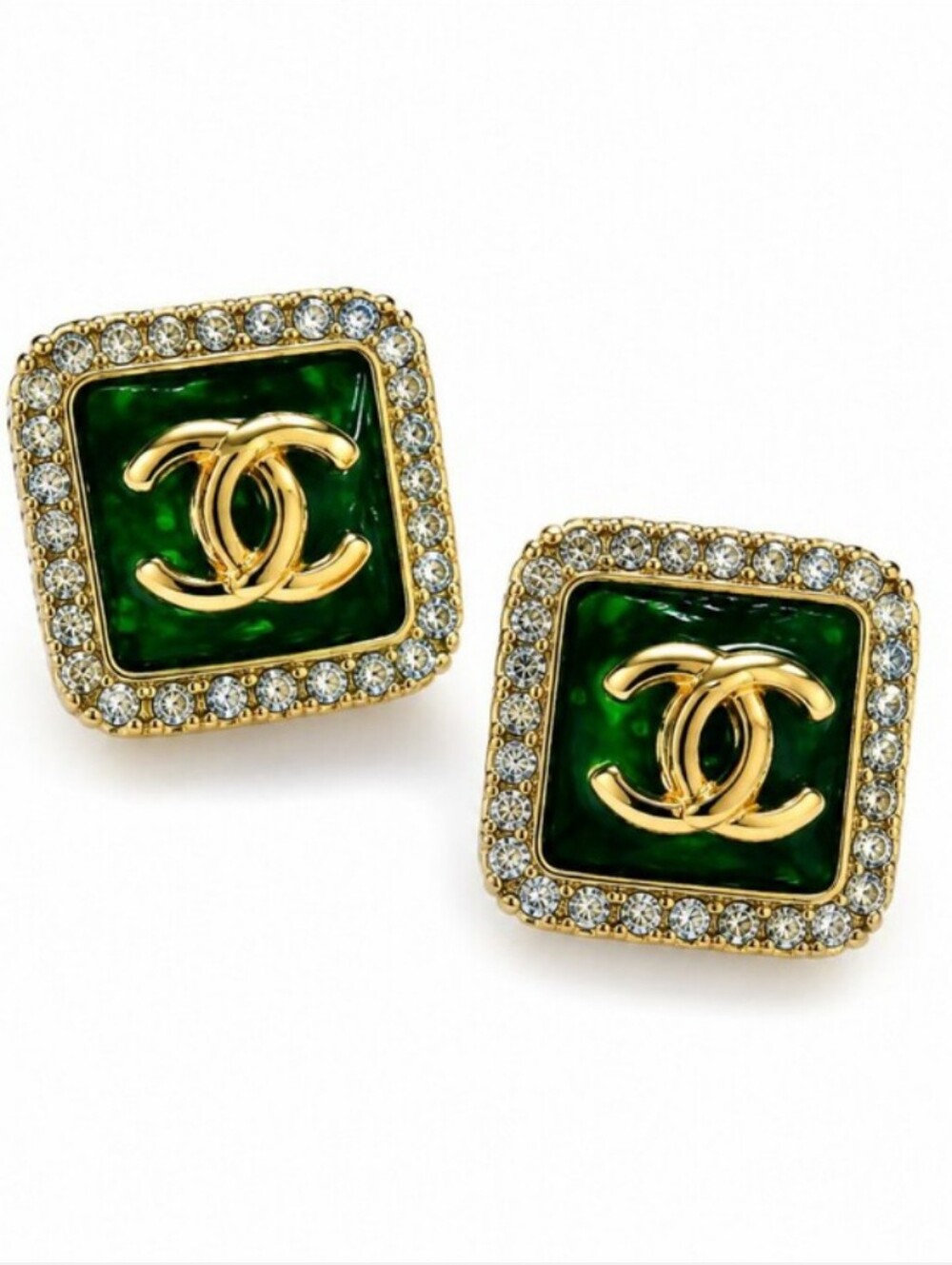 Chanel Green Stone CC Square Stud Earrings